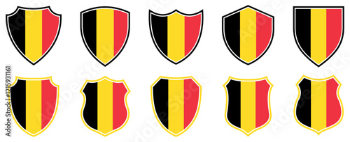 set collections belgium flag in shield badge icon. belgium flag symbol of powerful country. belgium independence day emblem label sticker design template vector illustration