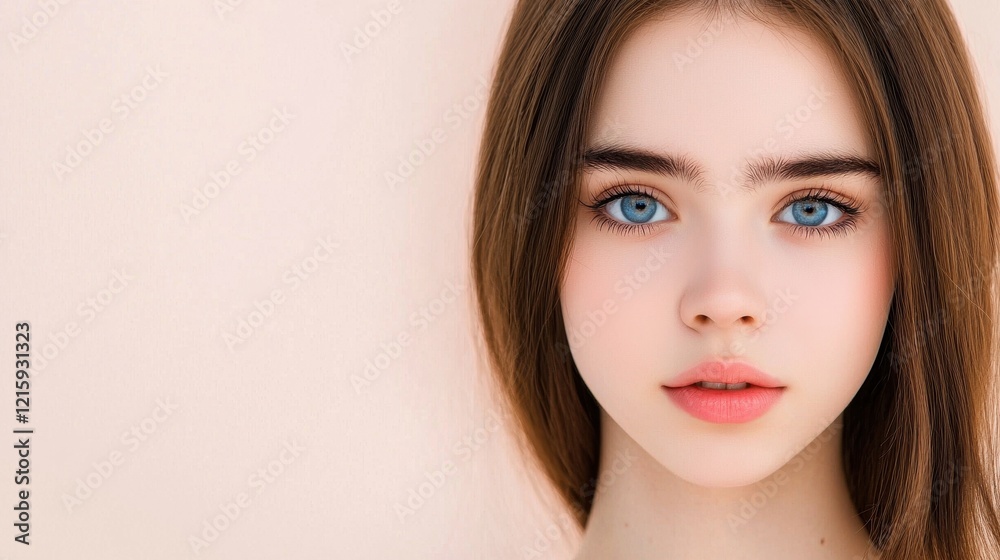 Fototapeta premium Young woman with striking blue eyes and smooth skin poses gracefully against a soft pastel background, embodying beauty and elegance in a modern portrait.