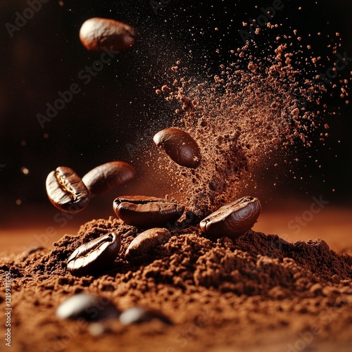 Dynamic explosion of coffee beans and powder in motion