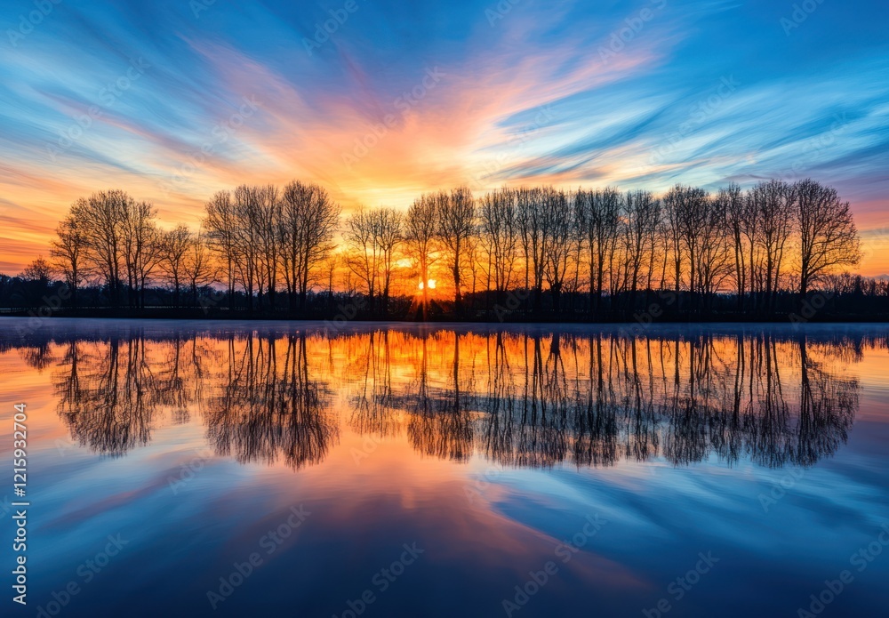Obraz premium A tranquil sunrise over a reflective lake with a line of silhouetted trees