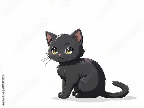 Cute black cat with golden eyes cartoon illustration, white background photo