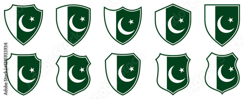 set collections pakistan flag in shield badge icon. pakistan flag symbol of powerful country. pakistan independence day emblem label sticker design template vector illustration