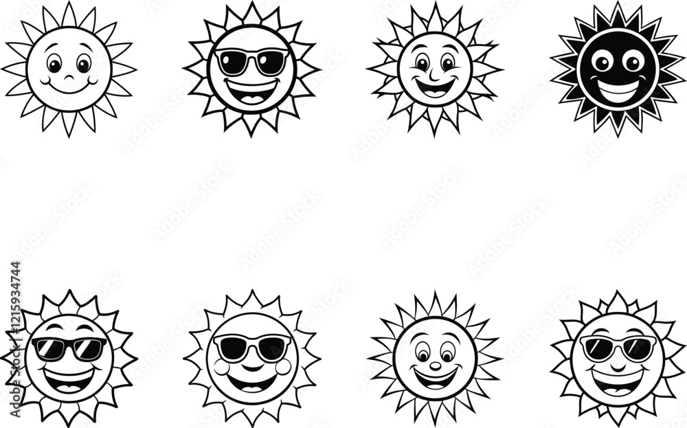 Cute Smiling Sun set vector illustration, Smiling Sun line art vector, Smiling Sun vector icon design, Smiling Sun logo Cute Smiling Sun set vector illustration, Smiling Sun line art vector, Smiling Sun vector icon design, Smiling Sun logo