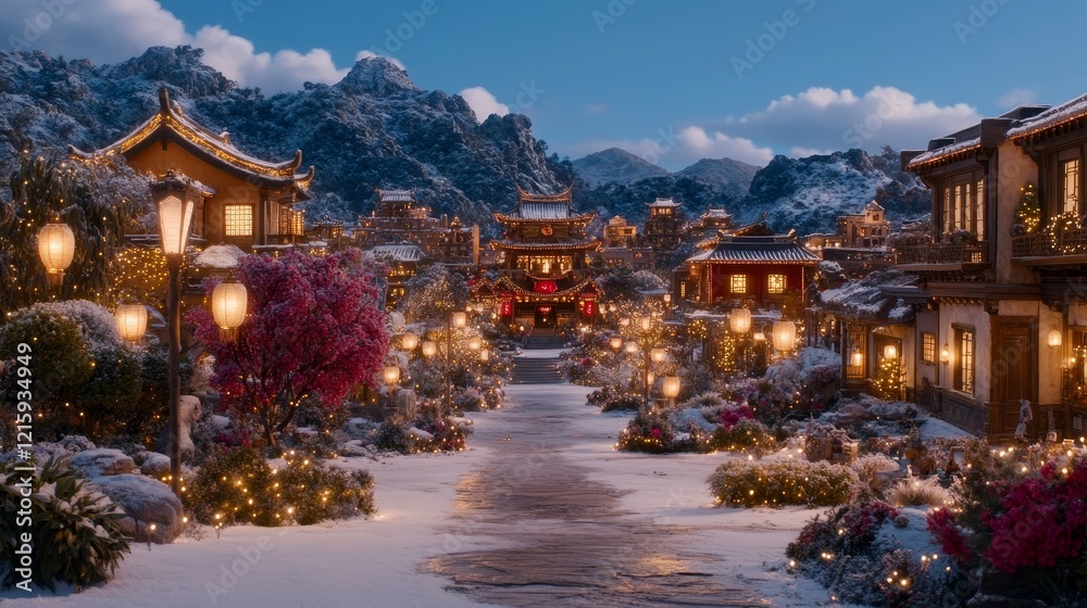 Snow-Covered Asian Village Festive Night Lights Snow-Covered Asian Village Festive Night Lights