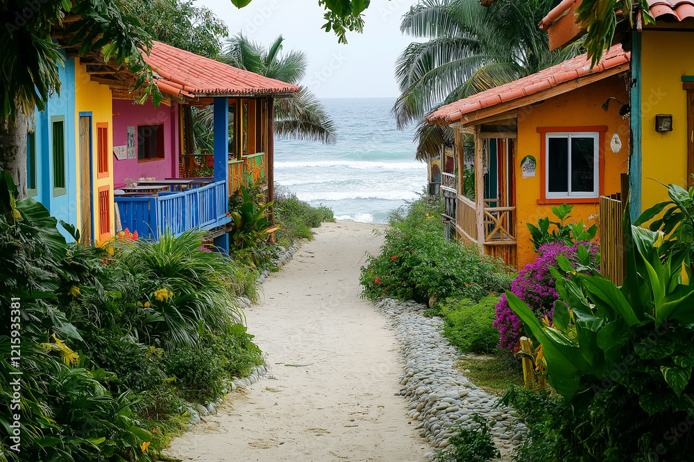 Obraz premium Sandy path leads through a tropical garden with exotic flowers and lush greenery