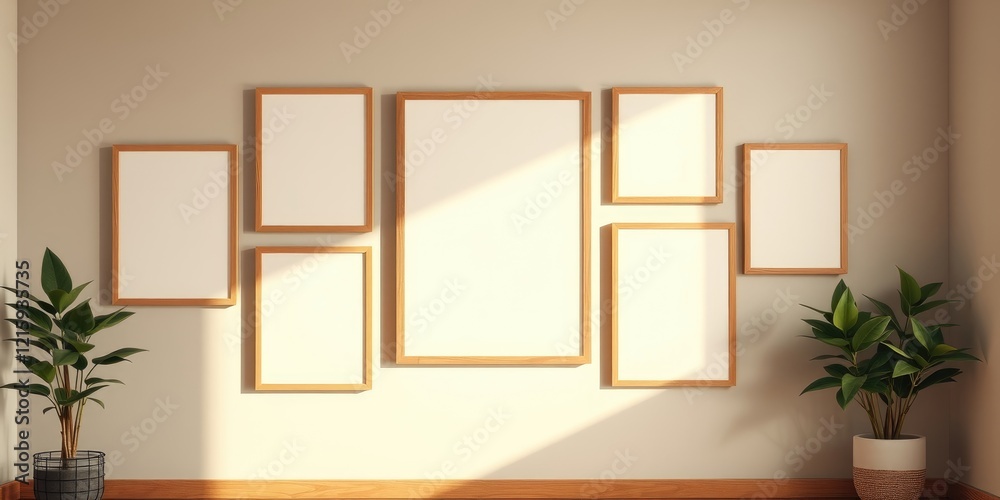 Fototapeta premium Gallery Wall Mockup Empty Wooden Frames with Plants in a Minimalist Room