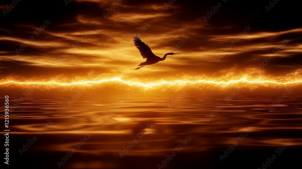 Obraz premium Solitary Bird Soaring Over Fiery Sunset Seascape