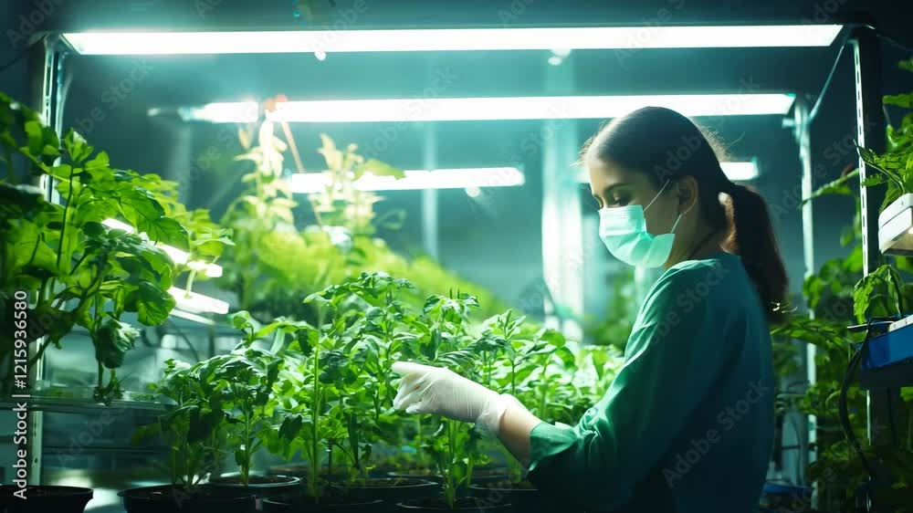 A researcher in a lab coat and gloves carefully tends to young plants growing under controlled lighting in a modern laboratory. The image highlights the intersection of science and agriculture A researcher in a lab coat and gloves carefully tends to young plants growing under controlled lighting in a modern laboratory. The image highlights the intersection of science and agriculture