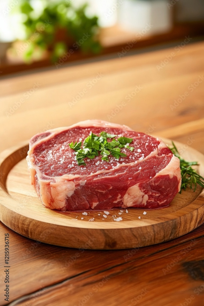 A fresh cut of meat on a wooden board, garnished with herbs and salt, perfect for grilling or cooking. A fresh cut of meat on a wooden board, garnished with herbs and salt, perfect for grilling or cooking.