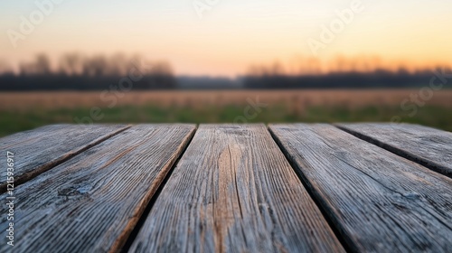 Weathered wooden table in a field at sunset creating a rustic outdoor atmosphere