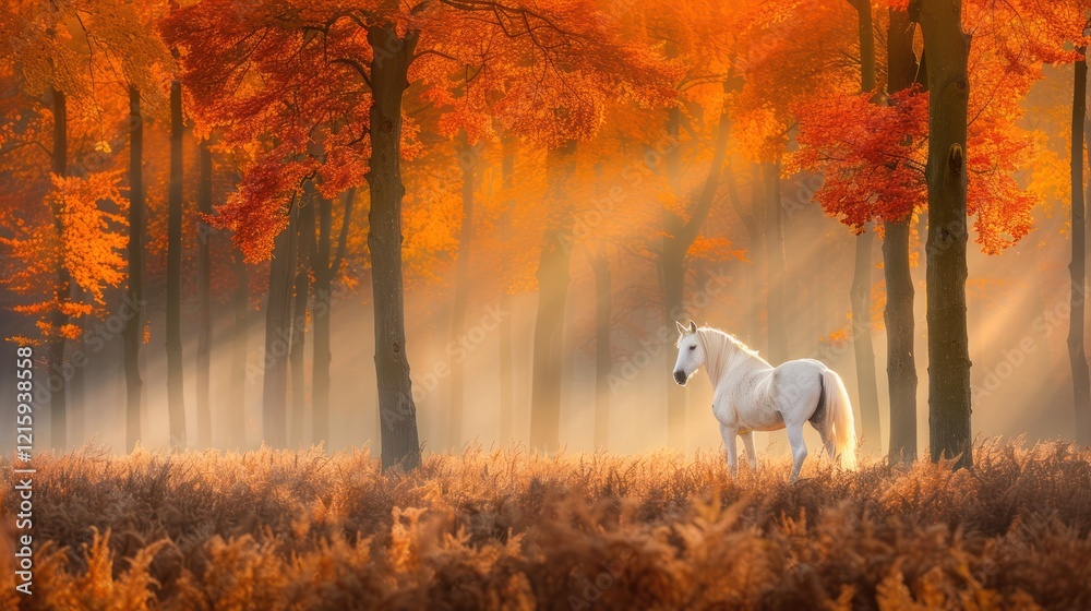 Majestic White Horse in Autumnal Forest Majestic White Horse in Autumnal Forest