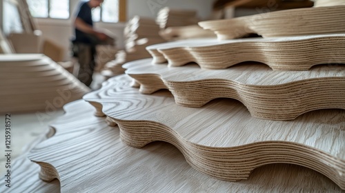 Stacked wood cutouts in workshop, craftsman working in background