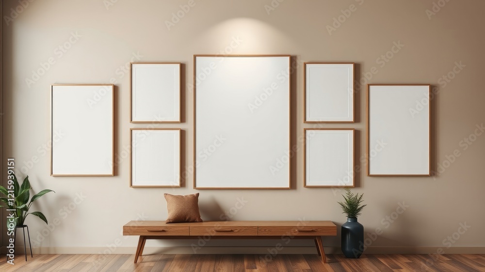 Fototapeta premium Gallery Wall Mockup Neutral Tones, Wooden Bench, Empty Frames