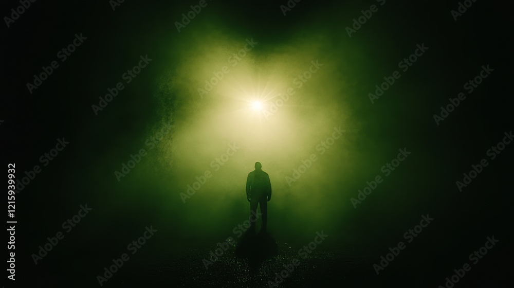 Fototapeta premium Solitary Figure in Green Foggy Night Light
