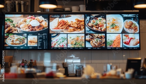 Digital menu board displaying various Asian dishes in a restaurant.