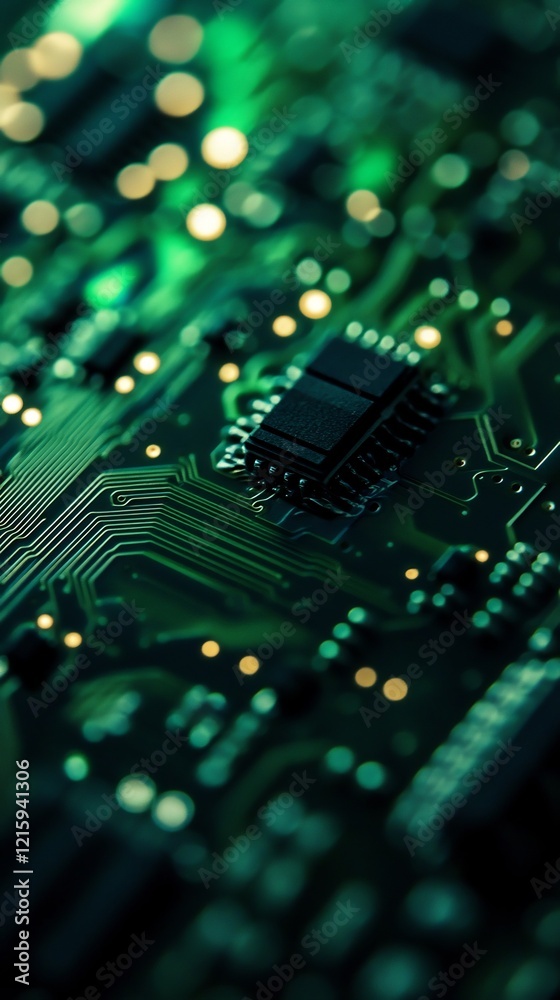 Intricate Circuit Board Gleaming Green Under Soft Light. AI Generated Intricate Circuit Board Gleaming Green Under Soft Light. AI Generated