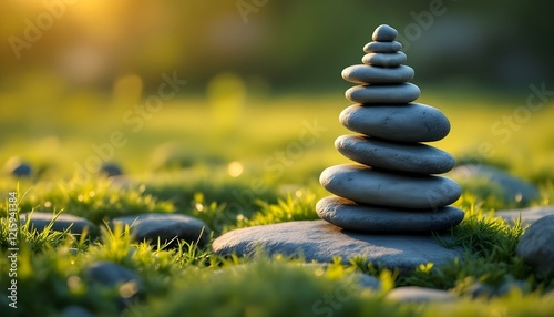 zen, stones, tall, stack, uneven, layers, rough, surfaces, grassy, surface, swaying, grass, goldenhour, sunlight, shadows, grassblades, hyperrealistic, detail, serene, tranquil, harmony, peaceful, 