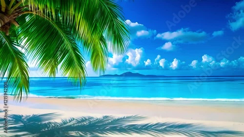 Tropical paradise, pristine beach, crystal clear turquoise water, white sand, palm tree fronds, bright blue sky