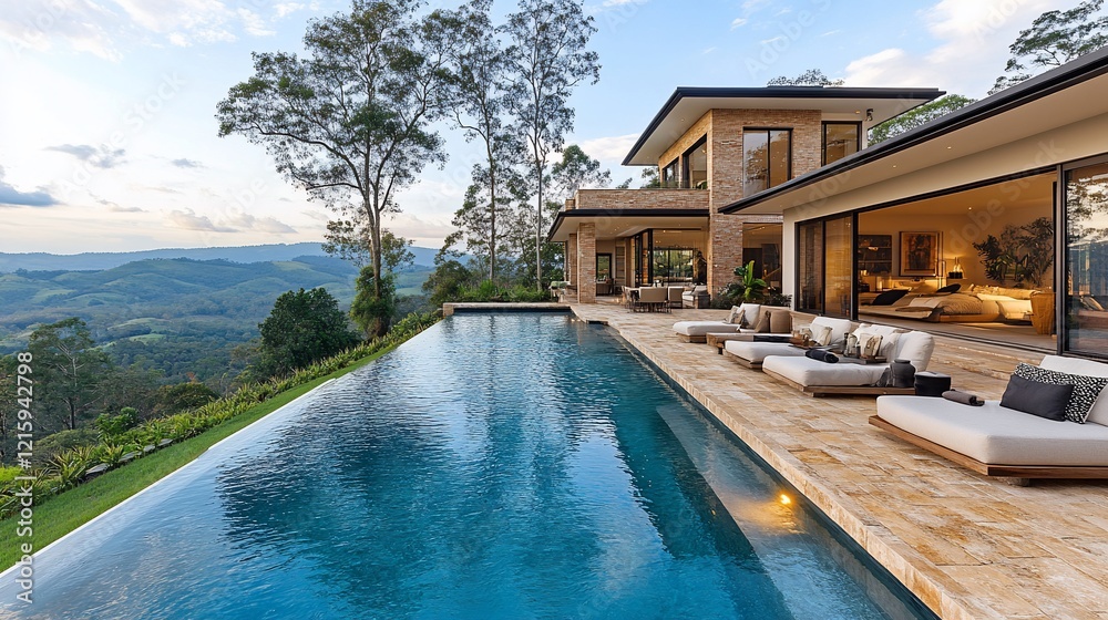 Fototapeta premium Luxury hillside home with infinity pool and mountain views.