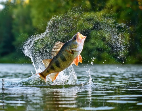 big freshwater perch jump out splashing water on green nature background photo