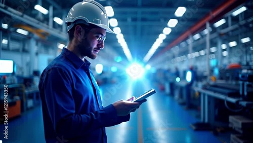 Engineer using tablet in a futuristic factory.