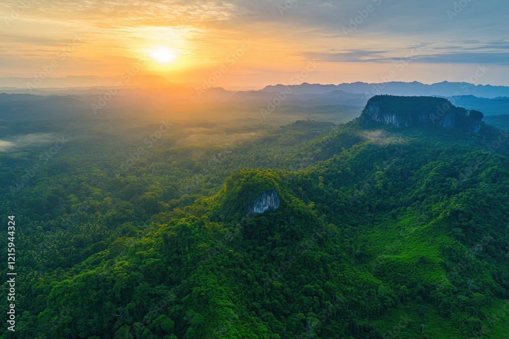 Sunrise aerial view, lush jungle, mountains, mist, travel Sunrise aerial view, lush jungle, mountains, mist, travel