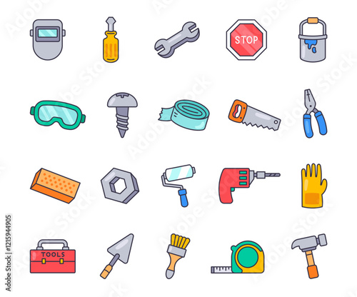 Adorable set of cute outline object clipart, construction tools for building, repairing, and industrial tasks featuring creative equipment and essential work items for stock illustrations
