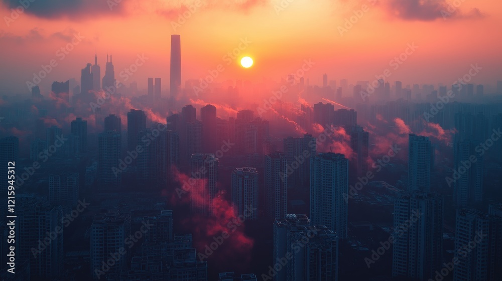 Fototapeta premium A city skyline with a large building in the background