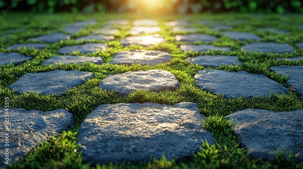 Stone path with grass in garden at sunset Stone path with grass in garden at sunset