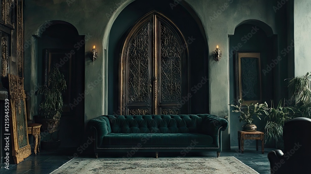 Fototapeta premium A room with a dark emerald green sofa, a tall arched door with intricate carvings, and subtle gothic decor.