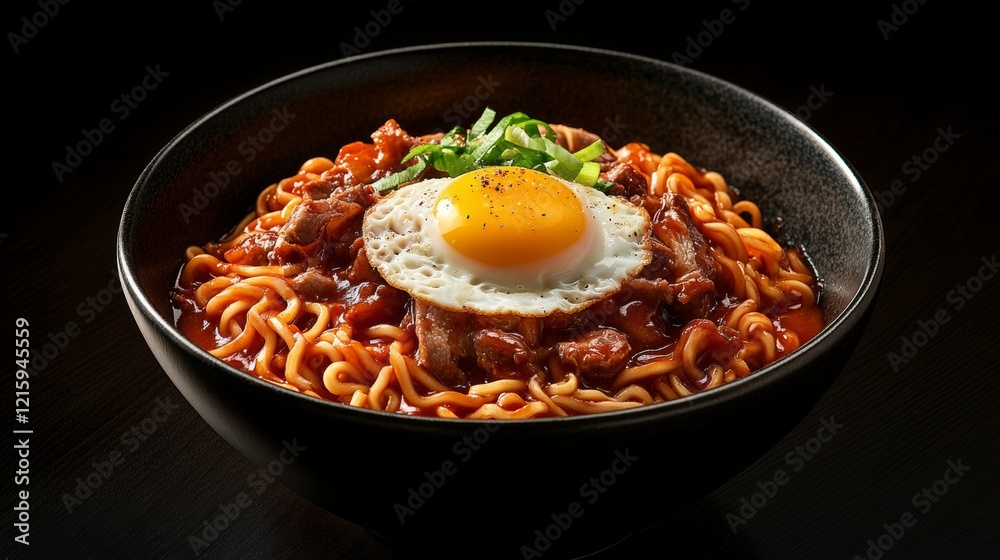 Ramen with eggs and meat in a bowl on a wooden table. Delicious ramen bowl with chicken, eggs, beef and vegetables. Soup ramen. Ramen noodle. Korean or Japanese food concept. Copy space. Close-up view Ramen with eggs and meat in a bowl on a wooden table. Delicious ramen bowl with chicken, eggs, beef and vegetables. Soup ramen. Ramen noodle. Korean or Japanese food concept. Copy space. Close-up view
