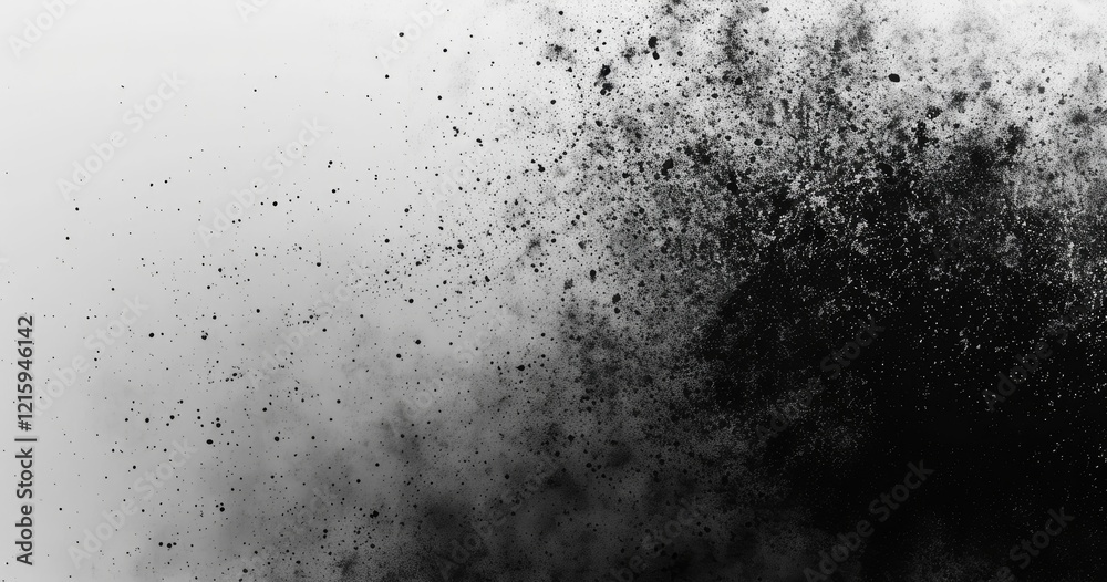 Obraz premium Abstract black and white splatter resembling ink or dust dispersing in space.