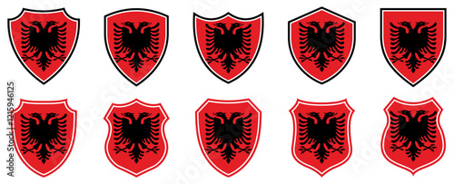 set collections albania flag in shield badge icon. albania flag symbol of powerful country. albania independence day emblem label sticker design template vector illustration