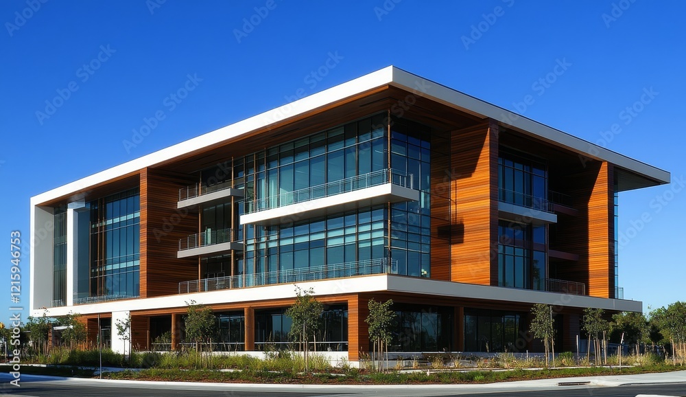 Modern wood and glass office building on a sunny day. Modern wood and glass office building on a sunny day.