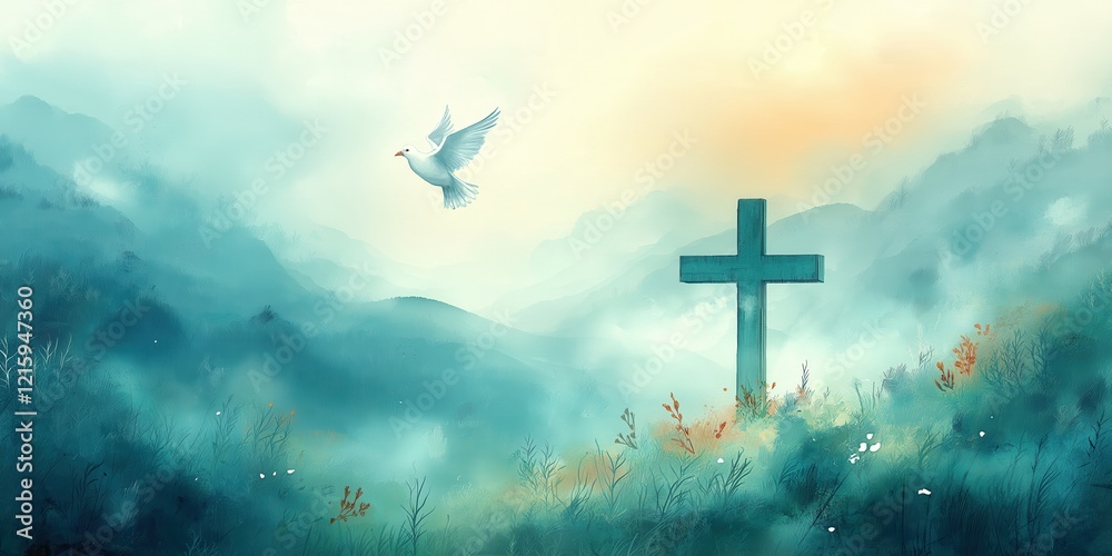 Fototapeta premium A painting of a cross and a bird flying over a mountain