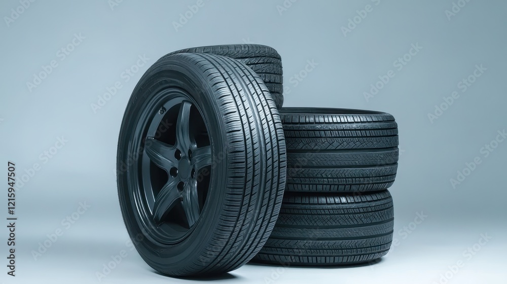 Black Automobile Tires Arranged in a Stack, Isolated on a Soft Gray Background, Ideal for Illustrating Vehicle Maintenance and Automotive Repair Concepts Black Automobile Tires Arranged in a Stack, Isolated on a Soft Gray Background, Ideal for Illustrating Vehicle Maintenance and Automotive Repair Concepts