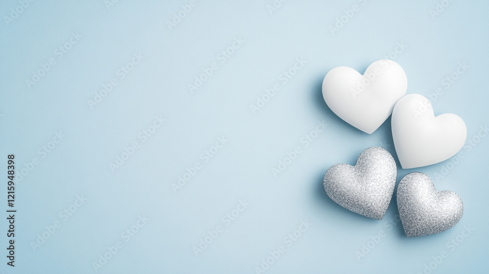Fototapeta premium Silver and white hearts on soft blue background, evoking love and serenity