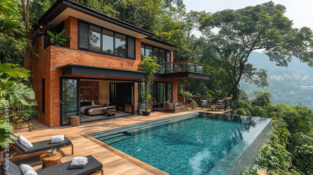 Fototapeta premium Luxurious hillside villa with infinity pool and jungle views.