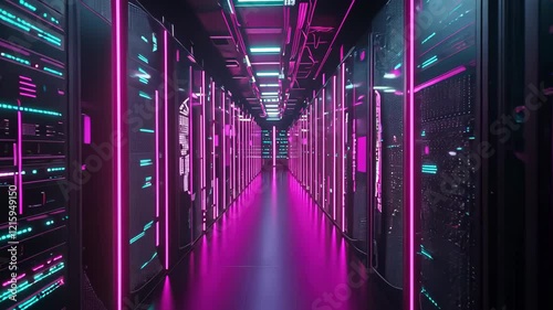 Futuristic server room with glowing pink and blue neon lights, showcasing advanced technology and sleek modern design in captivating ambiance.