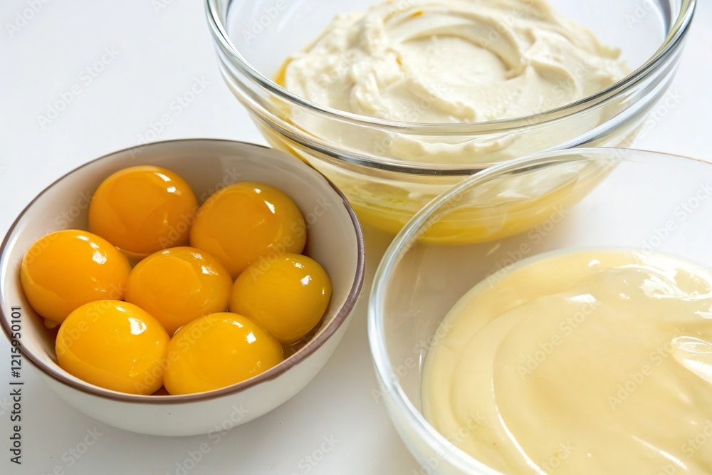 Egg yolk and cream in bowls. Baking and ingredient preparation Egg yolk and cream in bowls. Baking and ingredient preparation