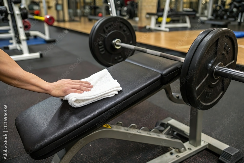 Hand clean gym bench with towel. Hygiene and fitness Hand clean gym bench with towel. Hygiene and fitness