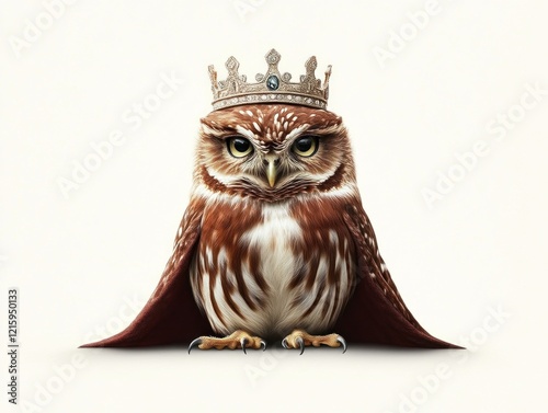 Majestic owl crowned in royal regalia fantasy scene digital art whimsical close-up regal symbolism photo