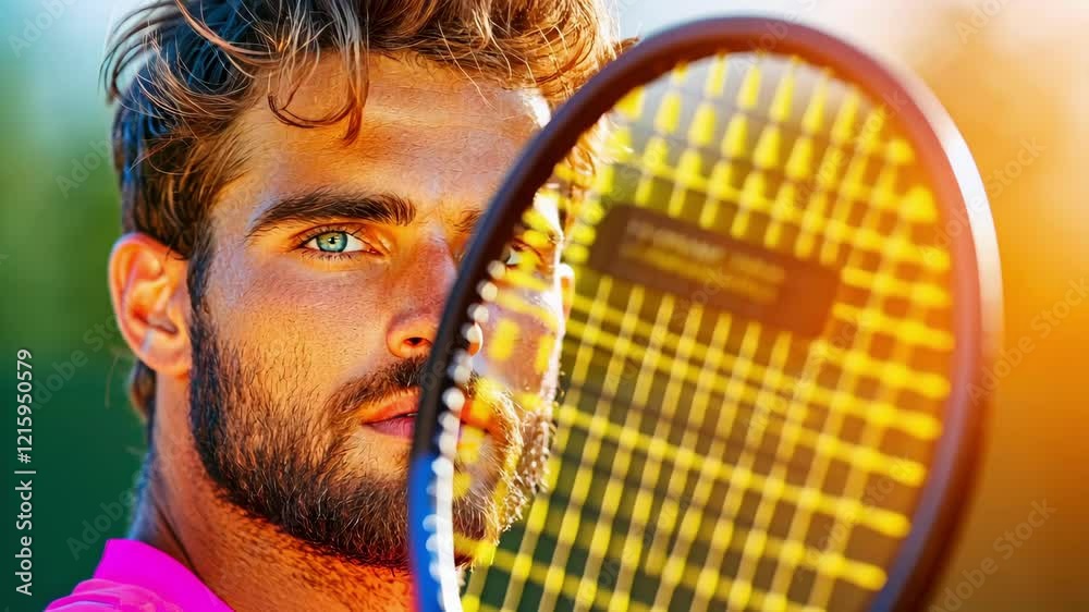 Energetic tennis player with racket in vibrant sunlight highlighting athleticism