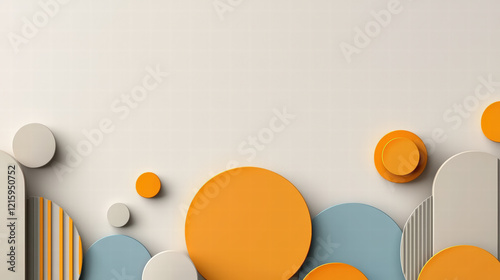 Minimalist design featuring colorful geometric shapes light background, creating modern and artistic atmosphere. composition includes circles and semi circles orange, blue, and neutral tones photo