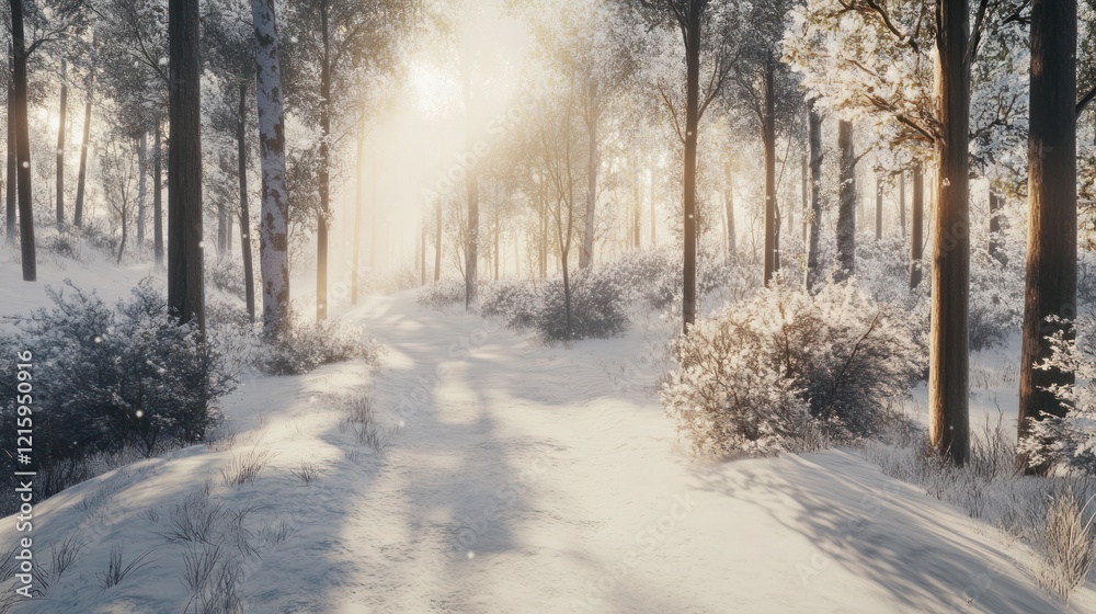 Fototapeta premium Winter's Embrace Sunlight Filtering Through Snow-Covered Trees Creating a Serene Scene