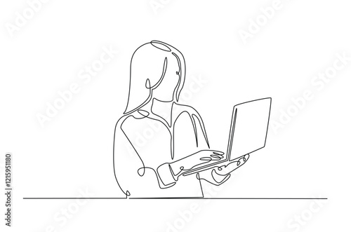 Young woman holding laptop in continuous one line design. Single line draw of student holds netbook.