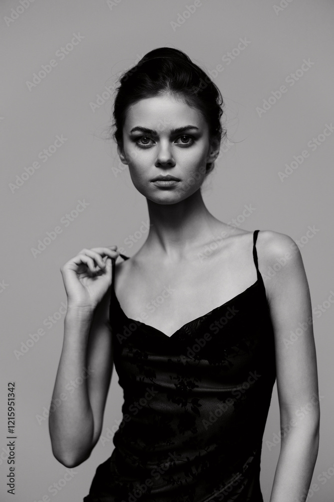 Fototapeta premium Elegant woman in black dress posing confidently against a monochrome background, showcasing beauty and grace. Fashion and portrait photography concept.