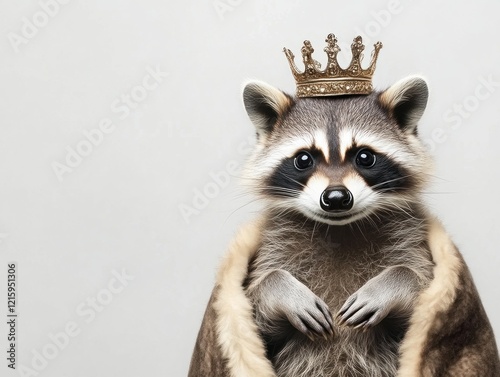 Royal raccoon in a crown studio setting animal portrait neutral background close-up playful majesty photo