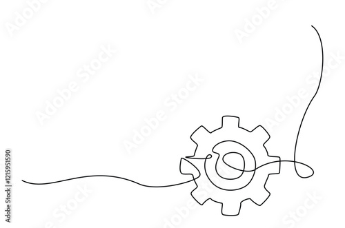 Single gear wheel drawing in continuous one line design. Mechanical and engineering concept.