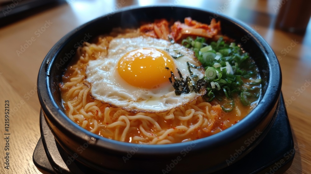 Ramen with eggs and meat in a bowl on a wooden table. Delicious ramen bowl with chicken, eggs, beef and vegetables. Soup ramen. Ramen noodle. Korean or Japanese food concept. Copy space. Close-up view Ramen with eggs and meat in a bowl on a wooden table. Delicious ramen bowl with chicken, eggs, beef and vegetables. Soup ramen. Ramen noodle. Korean or Japanese food concept. Copy space. Close-up view